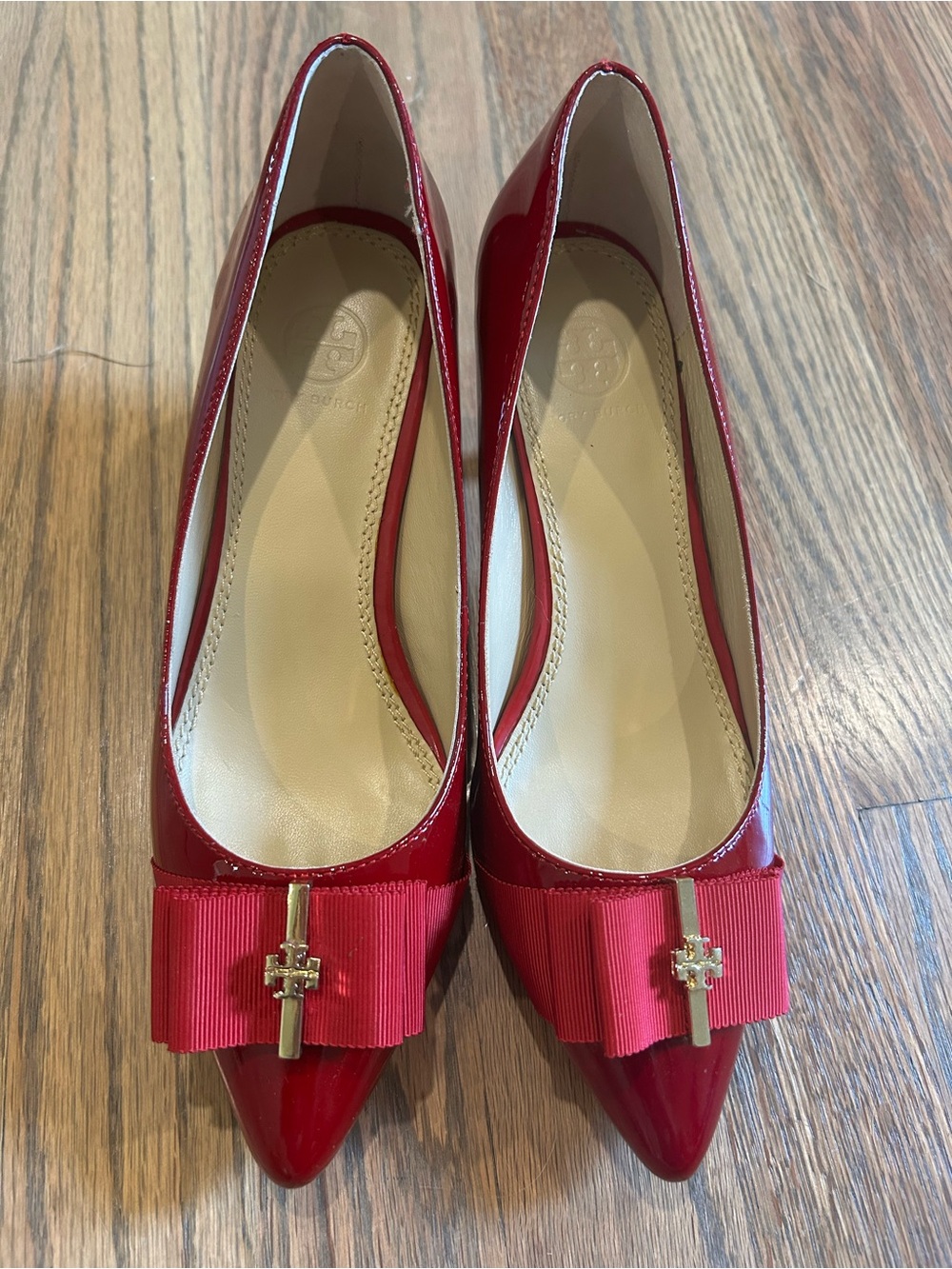 Tory Burch Red Patent Pointed-Toe Heels with Grosgrain Bow